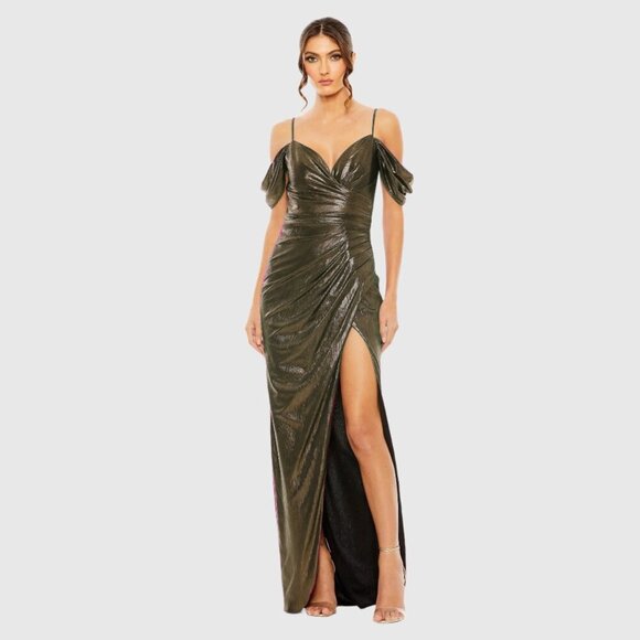 NWT Mac Duggal Off The Shoulder Cap Sleeve Faux Wrap Dress Mocha 2 #7981 - Picture 1 of 8